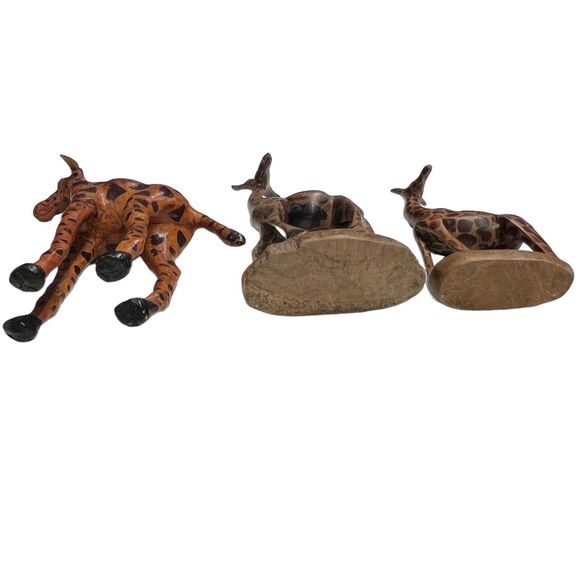 Vintage Trio Giraffes Leather Wrapped Hand Carved Wooden Shelf Sitters Bookcase‎ - Picture 8 of 8